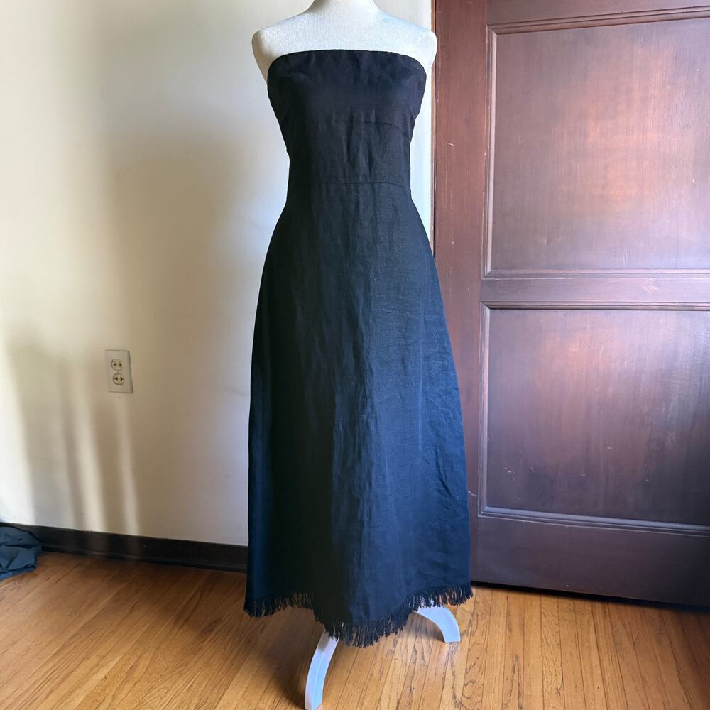 THEORY Black Linen Strapless Tie Back Midi Length A Line Dress Fringe Hem Size 6